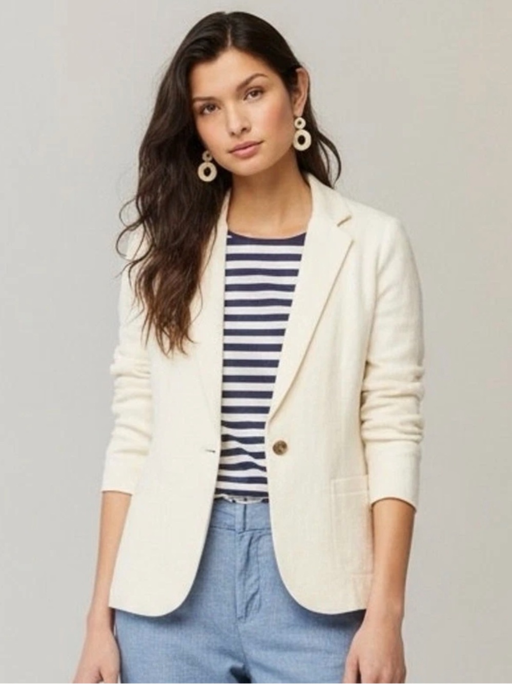 J.Crew Schoolboy Sweater Blazer Ivory 100% Cotton Size M EUC Knit Jacket